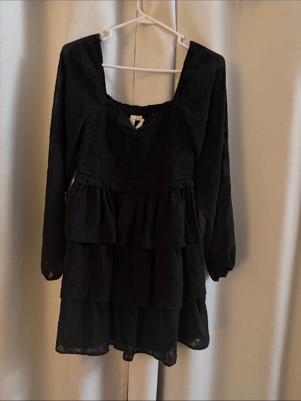 Girls' Black Tiered Long-Sleeve Smocked Dress